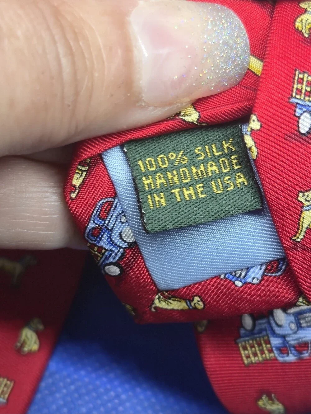 Bird Dog Bay Silk Tie Red Dogs Love Trucks Yellow Labs Blue Pickup Trucks USA